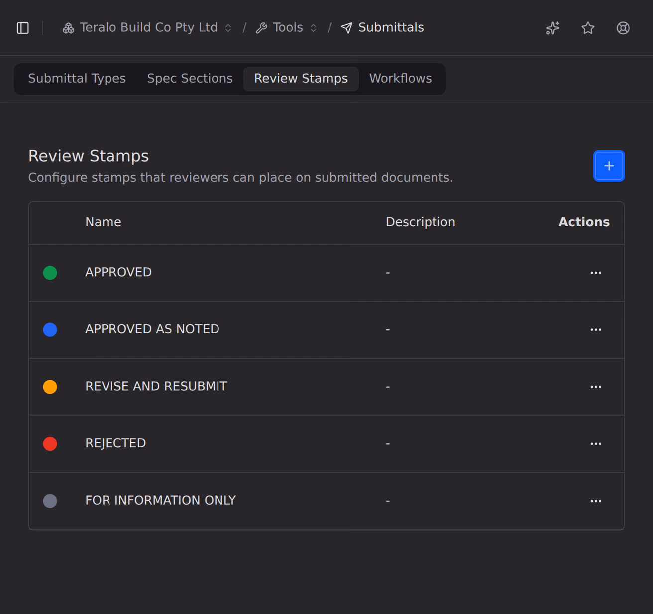 The review stamps configured for an organisation, each with a name and a colour, listed in the submittals tool settings.