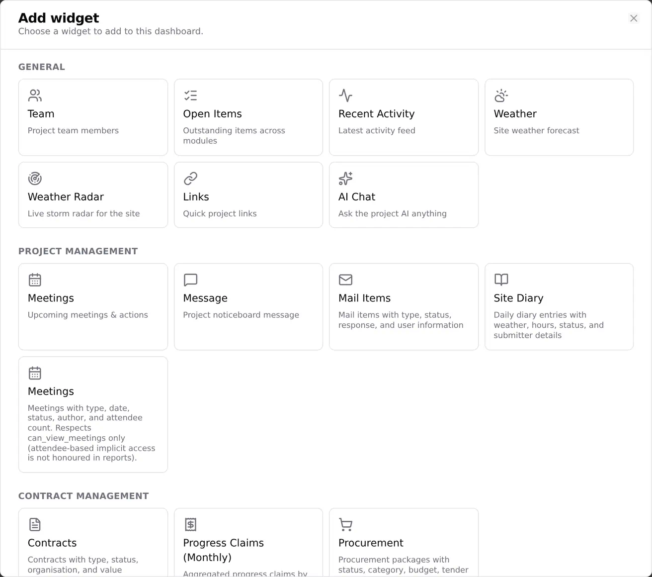 The add widget picker open, with the widgets grouped under the same headings the app sidebar uses.