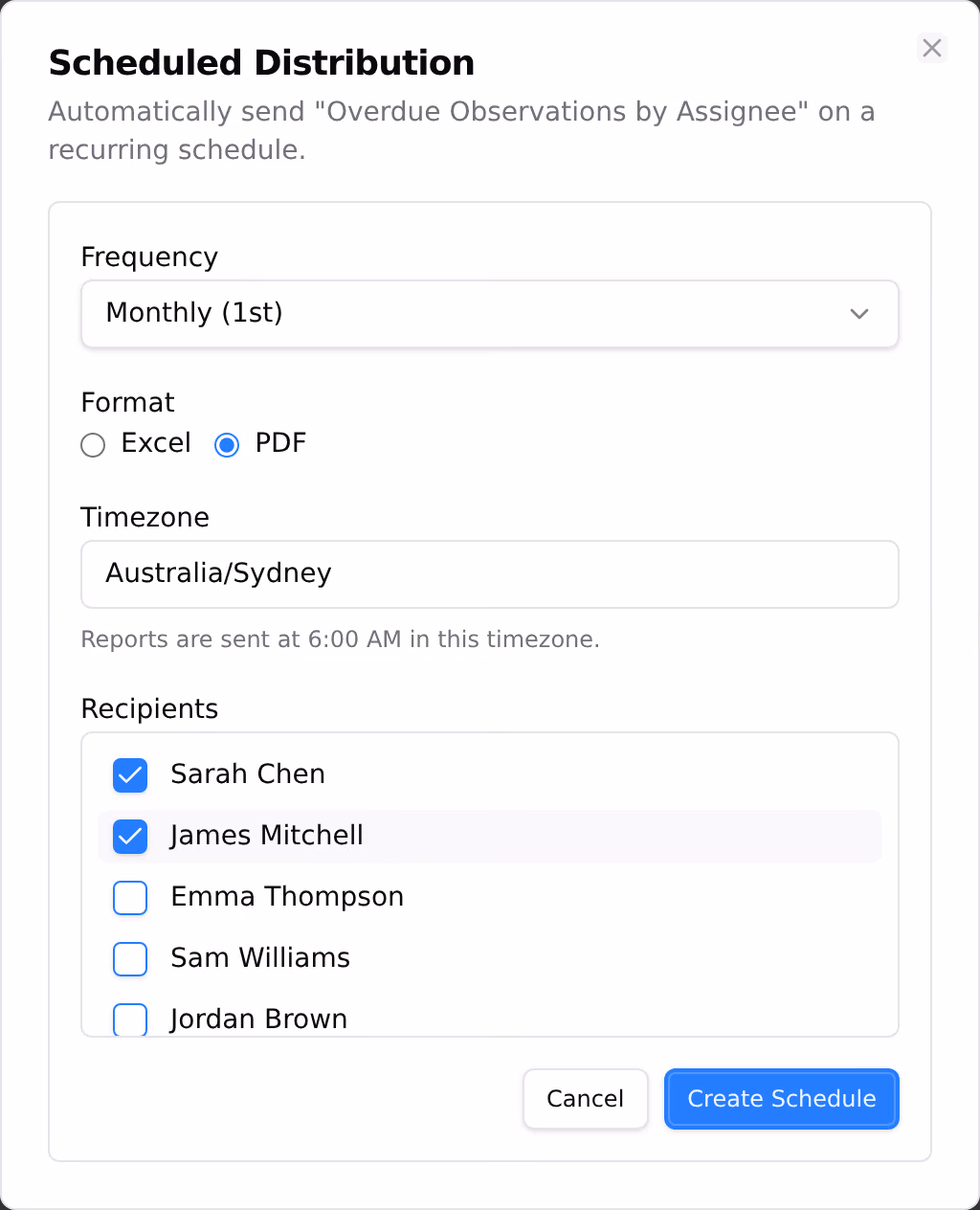 A report schedule being set up, with its frequency, format, time zone and recipients in one dialog.