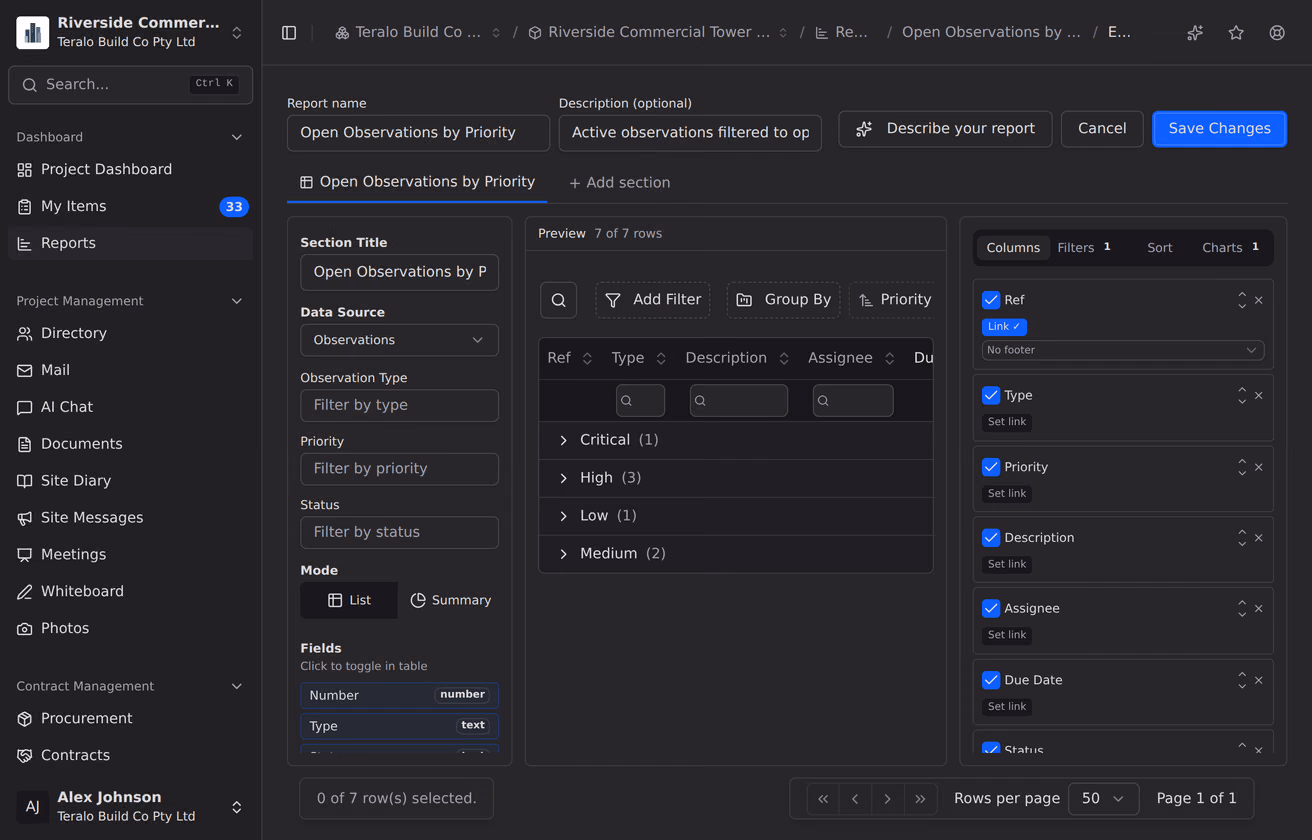 The report builder, with the field list on the left, the live preview in the middle and the configuration panel on the right.