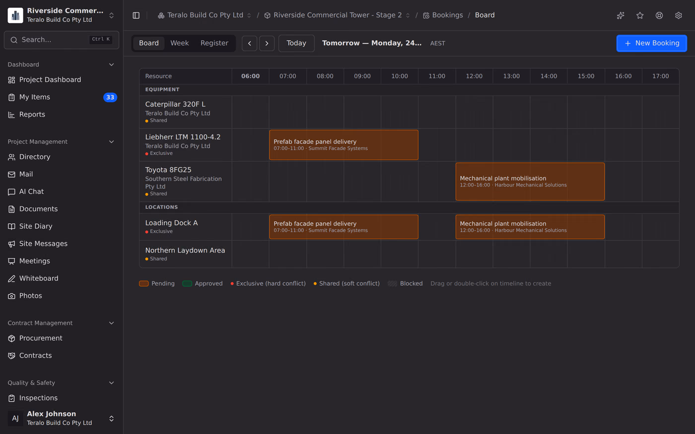The bookings board for one day, with each booking laid out against the site's operating hours.