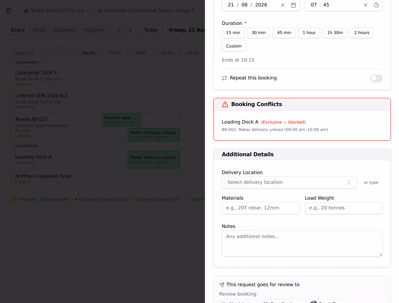 A booking refused because an exclusive resource is already taken, naming the conflicting booking.