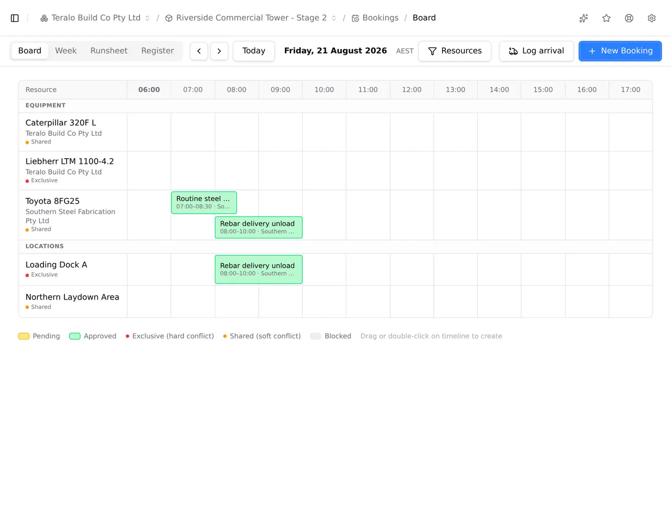 A booking refused because an exclusive resource is already taken, naming the conflicting booking.