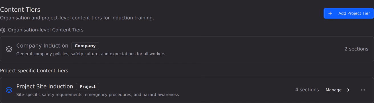The induction content tiers settings, an organisation-level Company tier above a project-specific tier, each with its own sections.