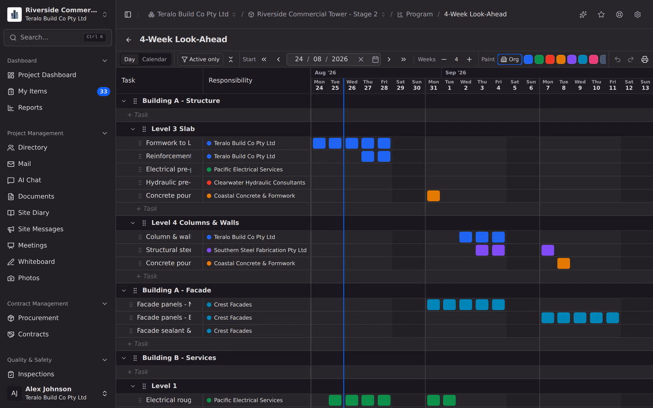 A basic look-ahead programme, sections and rows each carrying a responsible organisation, with days painted in by status.
