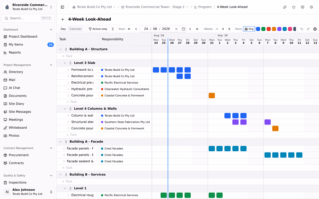 A basic look-ahead programme, sections and rows each carrying a responsible organisation, with days painted in by status.