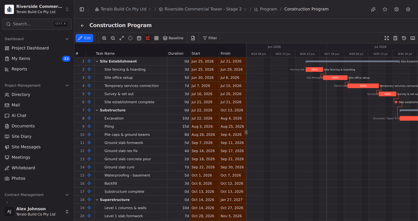 A construction programme in Gantt view, with the work breakdown structure and dates on the left and linked task bars against a weekly calendar on the right.