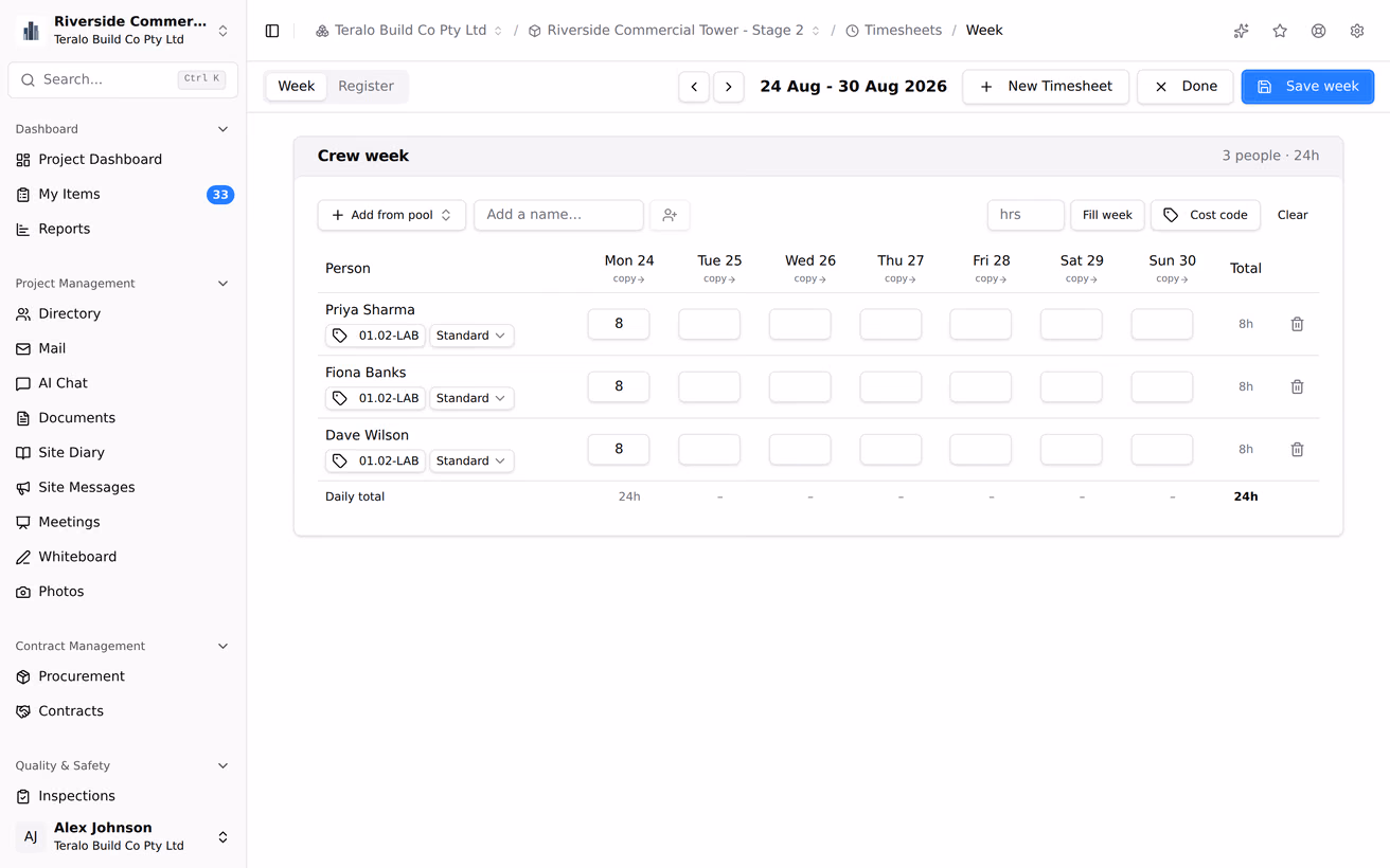 The timesheets register switching to the week view, with people down the side and seven days across.