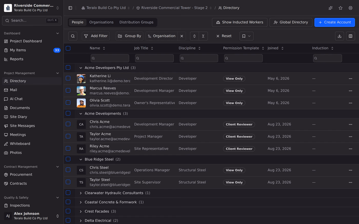 A register screen, with its filter bar, grouped rows and view switcher above the list.