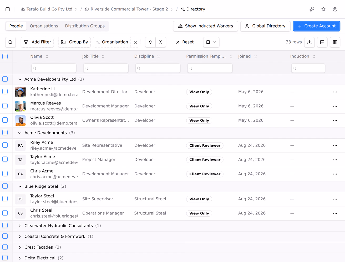 A register list being grouped: the Group By menu open on its list of columns, then the rows stacked under organisation headings with a count on each, and three of those groups opened.