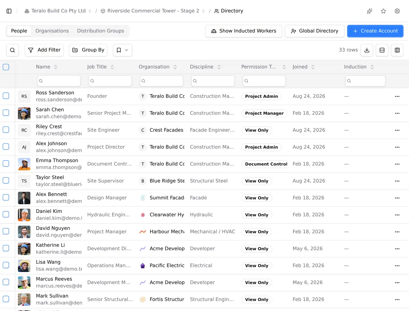 A register list being grouped: the Group By menu open on its list of columns, then the rows stacked under organisation headings with a count on each, and three of those groups opened.
