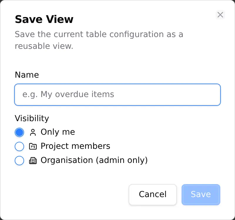 The save view dialog, with a name typed and the choice of who the view is for: only me, project members or the organisation.