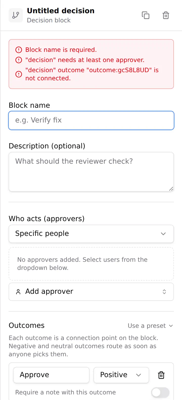 A decision block settings panel, with the choice between specific people, anyone with a permission, or whoever a field on the record points at, and the response rule choosing between positive outcomes needing everyone or the first response deciding.