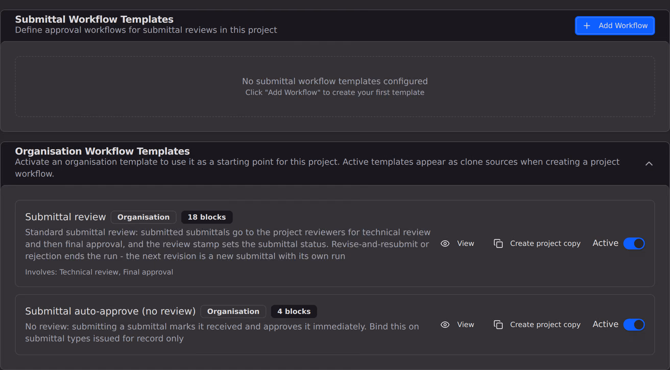 A tool settings Workflows tab, with an empty project templates card above a card listing the organisation templates activated for the project.