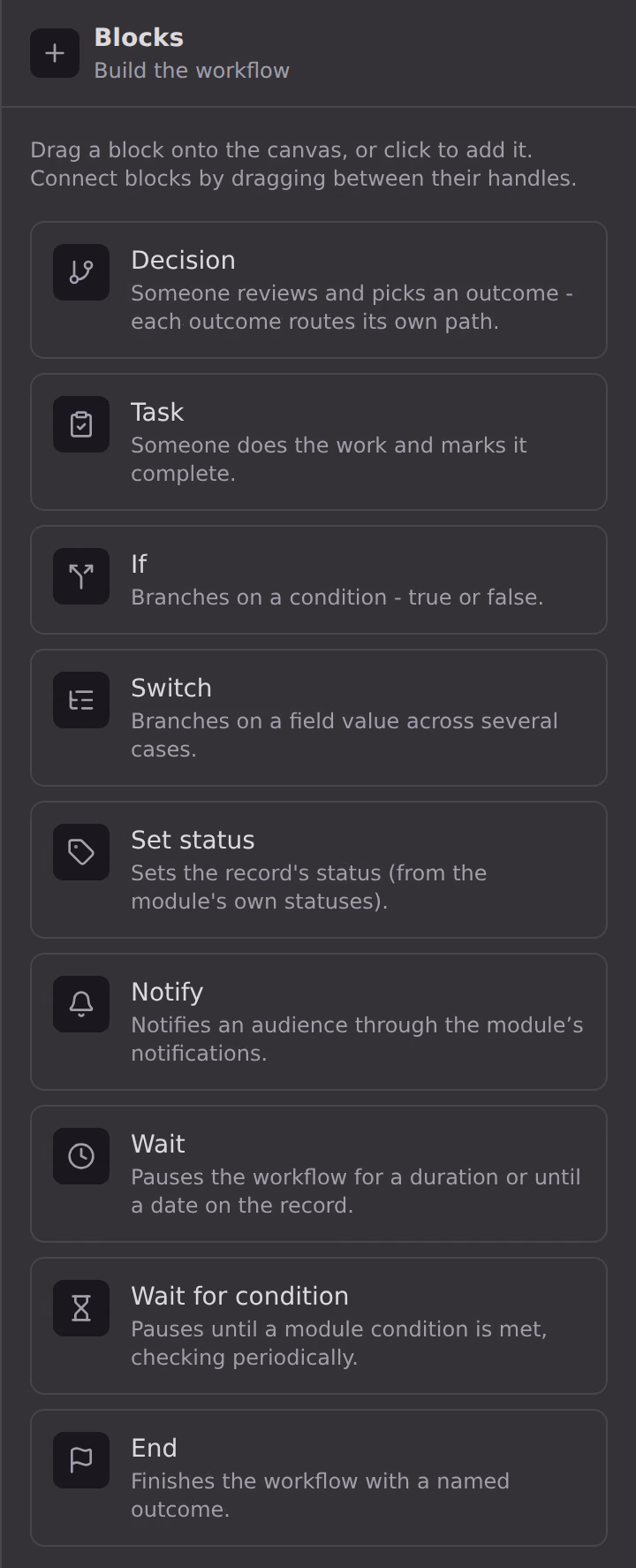The workflow builder block palette, listing the decision, task, if, switch, set status, notify, wait, wait for condition and end blocks.
