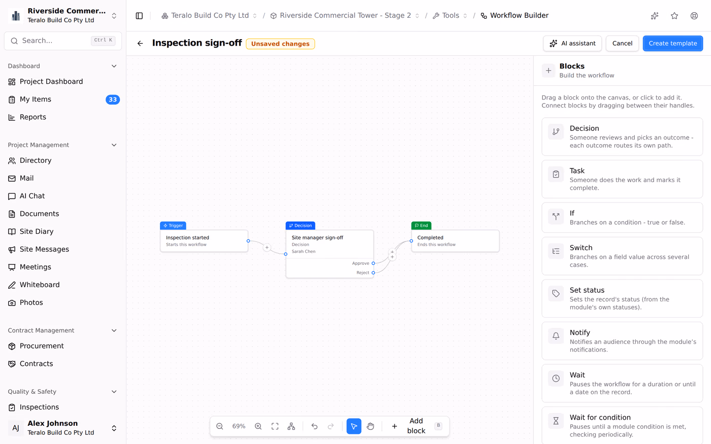 A decision block being inserted between a workflow trigger and its end, then named and given an approver.