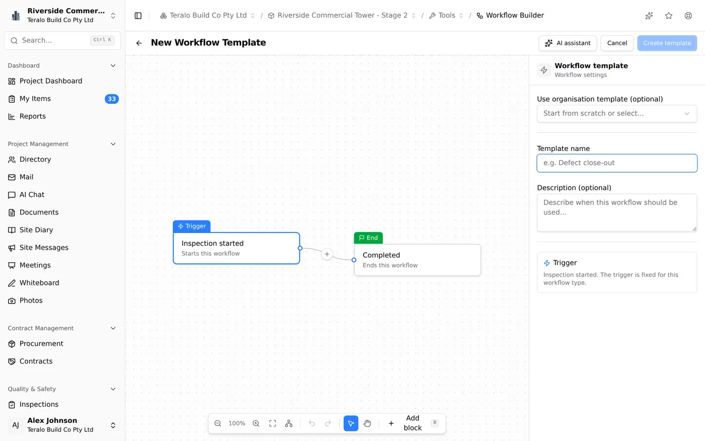 A decision block being inserted between a workflow trigger and its end, then named and given an approver.