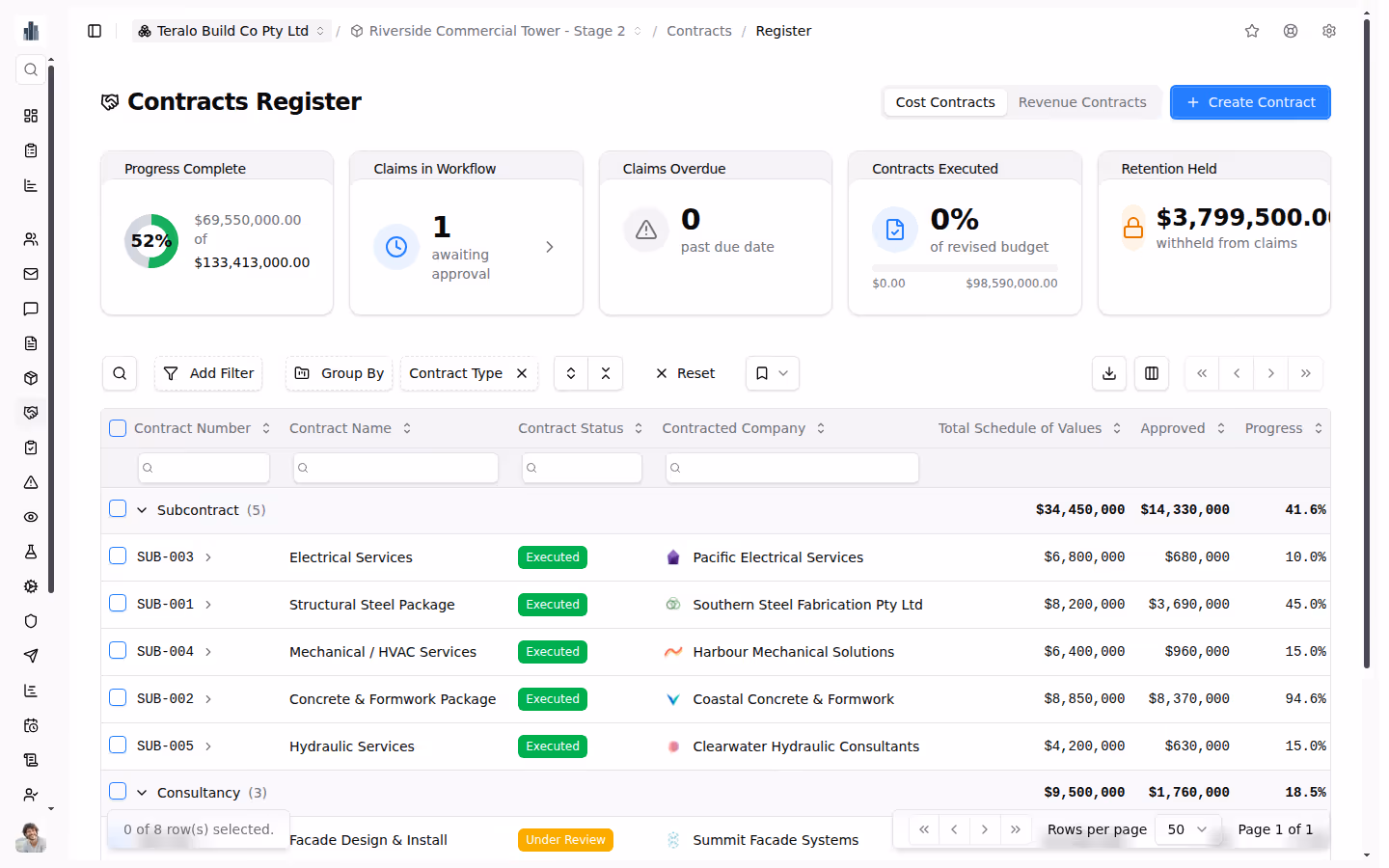 Contracts screenshot — register view