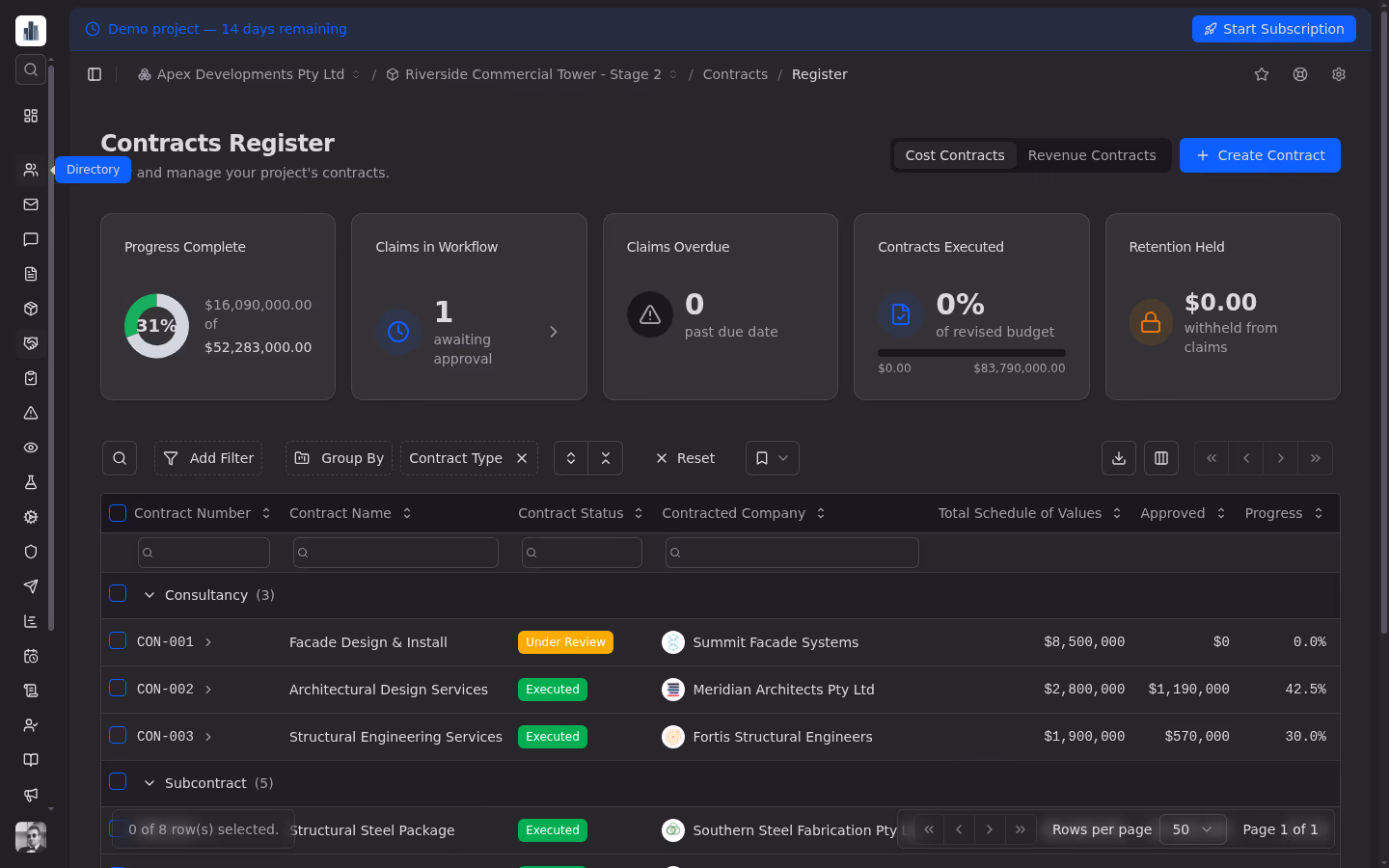 Contracts screenshot