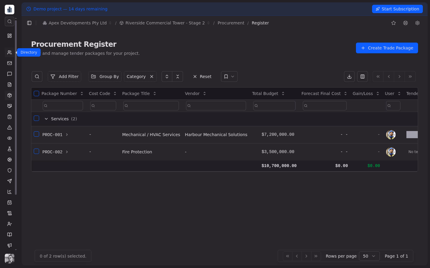Procurement screenshot